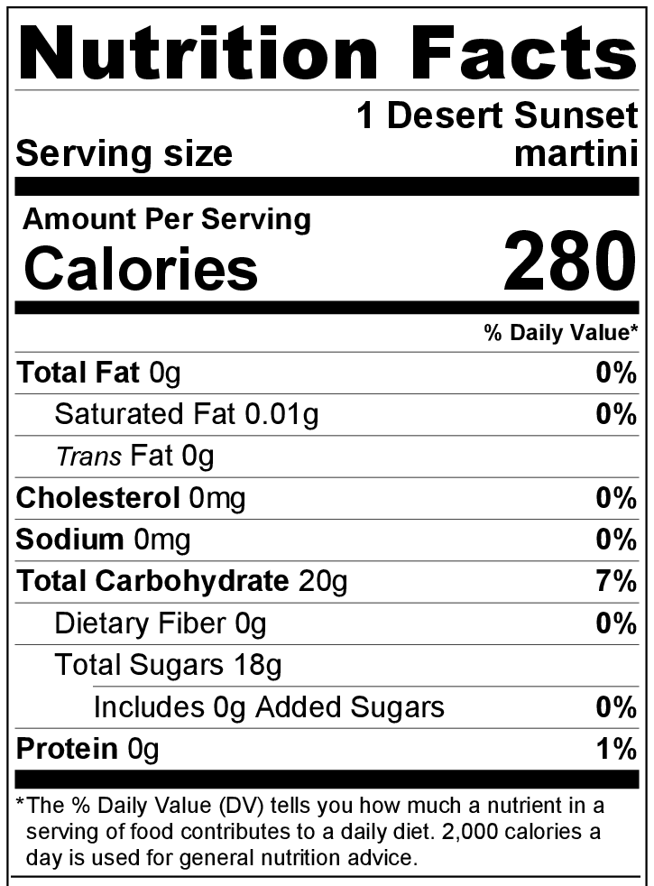 Desert Sunset Martini nutrition label